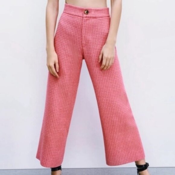 Zara Pink Textured High Waisted Wide Leg Cropped Pants XS - Picture 4 of 16